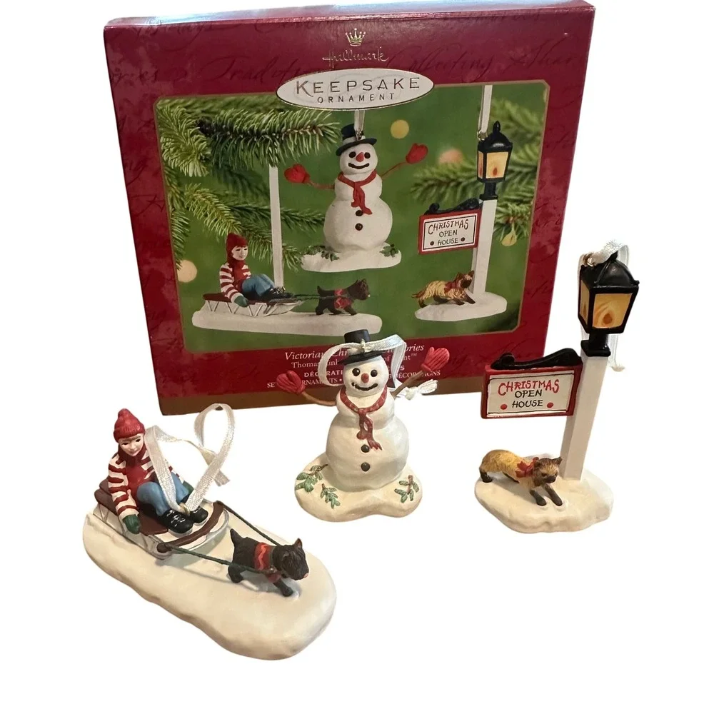 Thomas Kinkade‎ Victorian Christmas Ornament Set Snowman 2001 Hallmark
